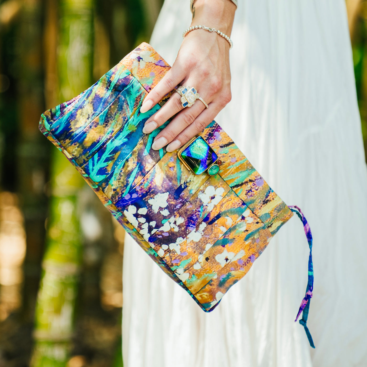 Pleated Art Print Handbag with Glass Art<span>Between Dreams on Silk</span>